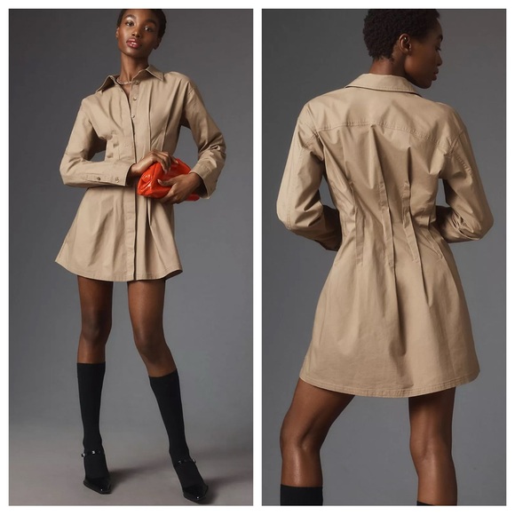 Anthropologie Dresses & Skirts - NEW Anthropologie Pilcro Pintuck Mini Shirt Dress Khaki Beige Small Button Front